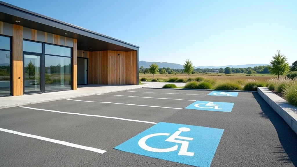 Clearly marked accessible parking spaces near visitor center, bright daylight, flat tarmac