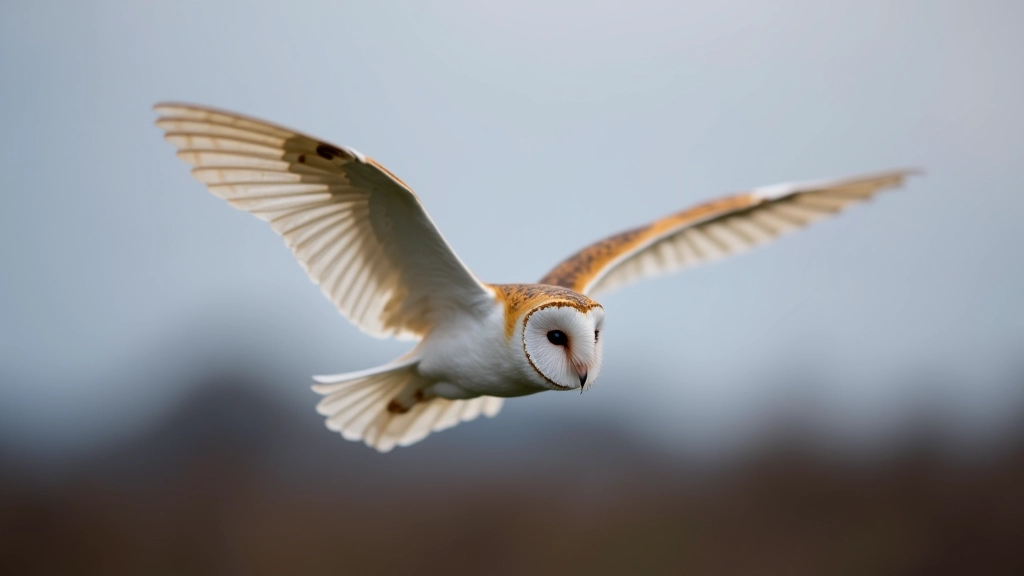 Barn owl in flight with wings spread wide, showing white underside and heart-shaped face against dusk sky