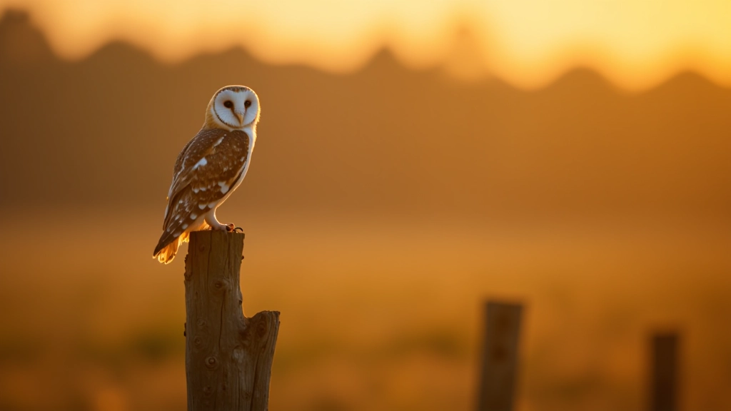Barn owl perched on a wooden post at dusk with soft golden light, peatland background blurred