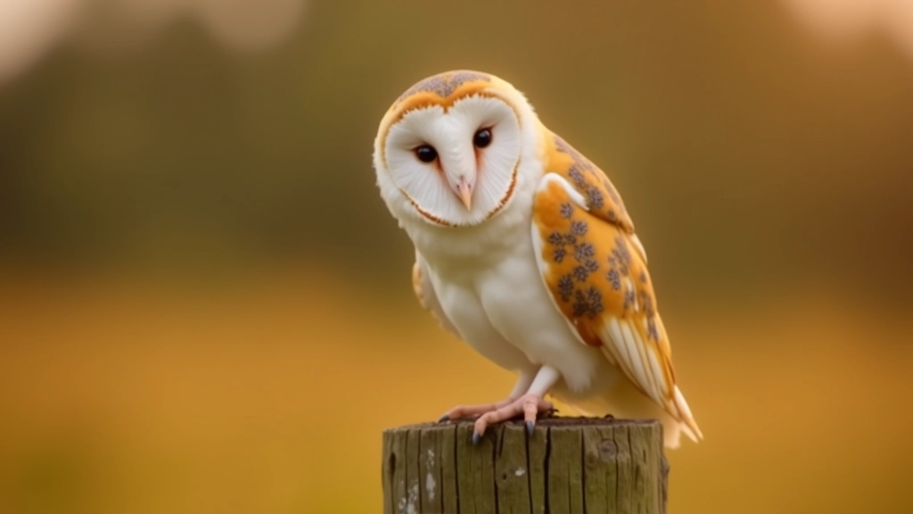 Close-up of barn owl perched on wooden post at dusk