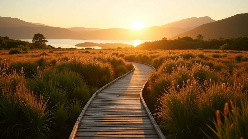 Lough Boora Parklands scenic peatland boardwalk with autumn vegetation and clear blue sky