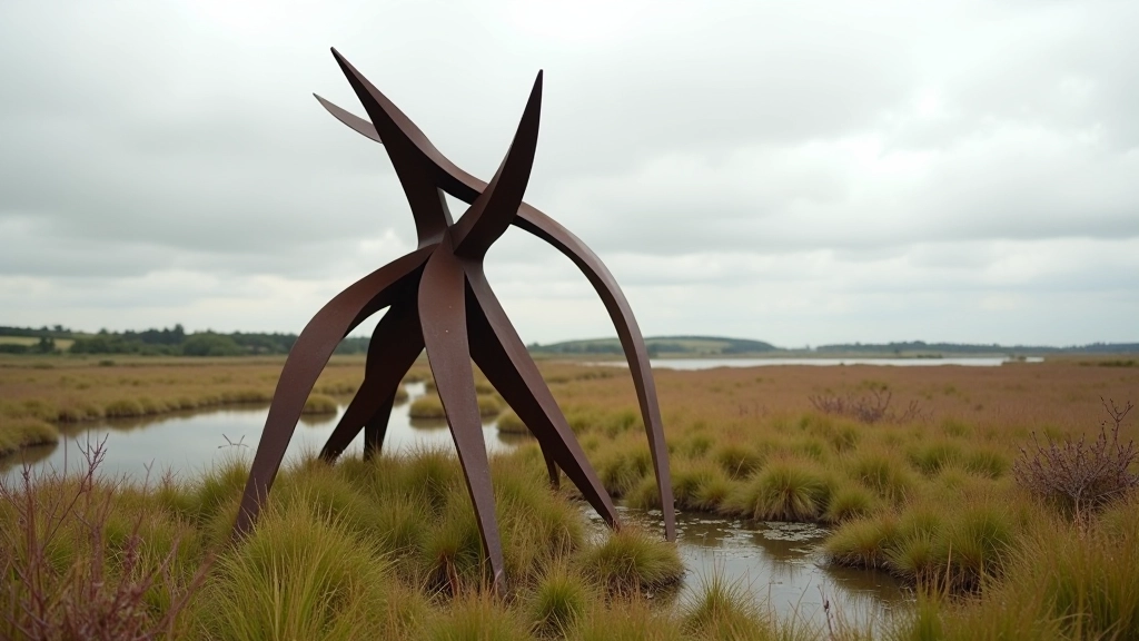 Metal sculptural form standing in peatland landscape, showing contemporary art installation among native vegetation