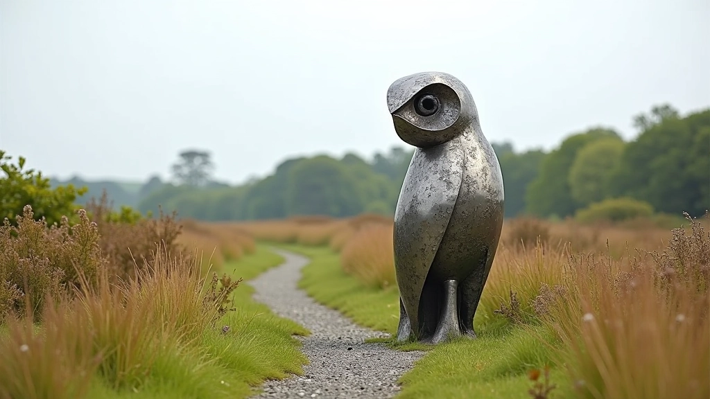 Modern sculpture made of dark metal among peatland vegetation, pathway visible in background