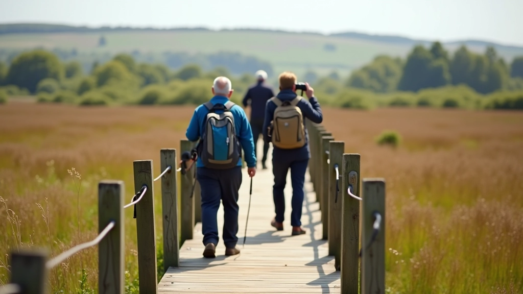 Hikers on wooden boardwalk trail with binoculars and field guide, looking for wildlife among peatland vegetation