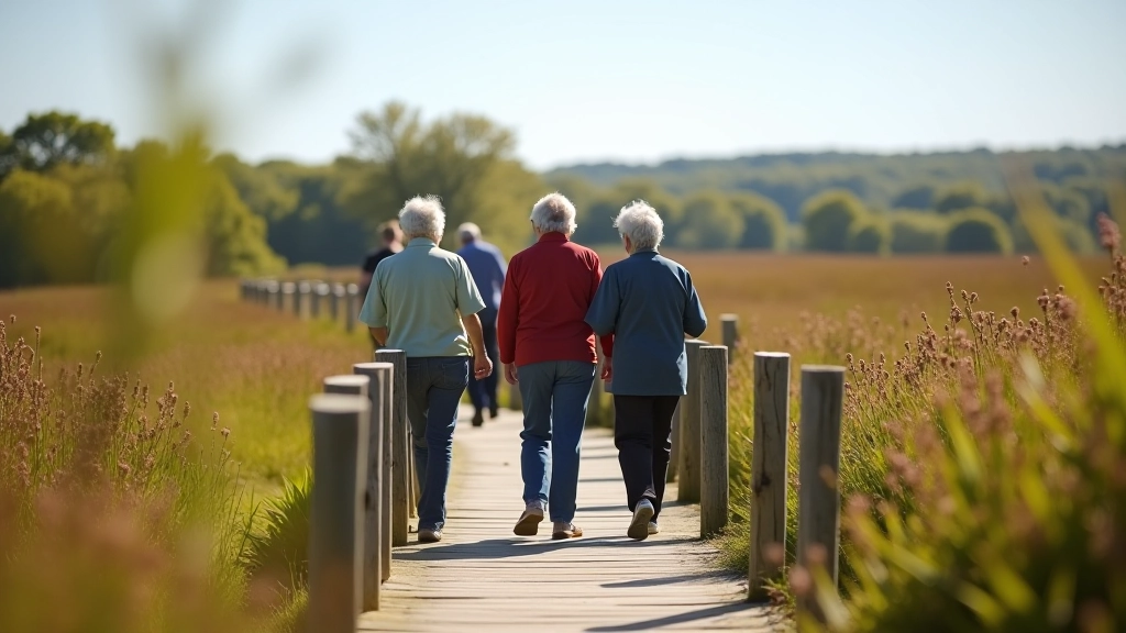 Seniors enjoying accessible nature trail at Lough Boora, relaxed outdoor experience, community engagement