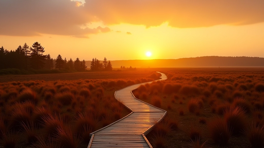 Peatland landscape at golden hour sunset with warm amber light, boardwalk path stretching into distance, silhouettes of scattered trees