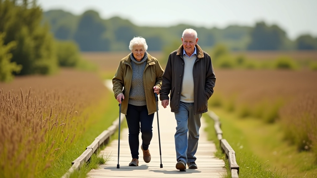 Two older adults walking together on outdoor path, active lifestyle