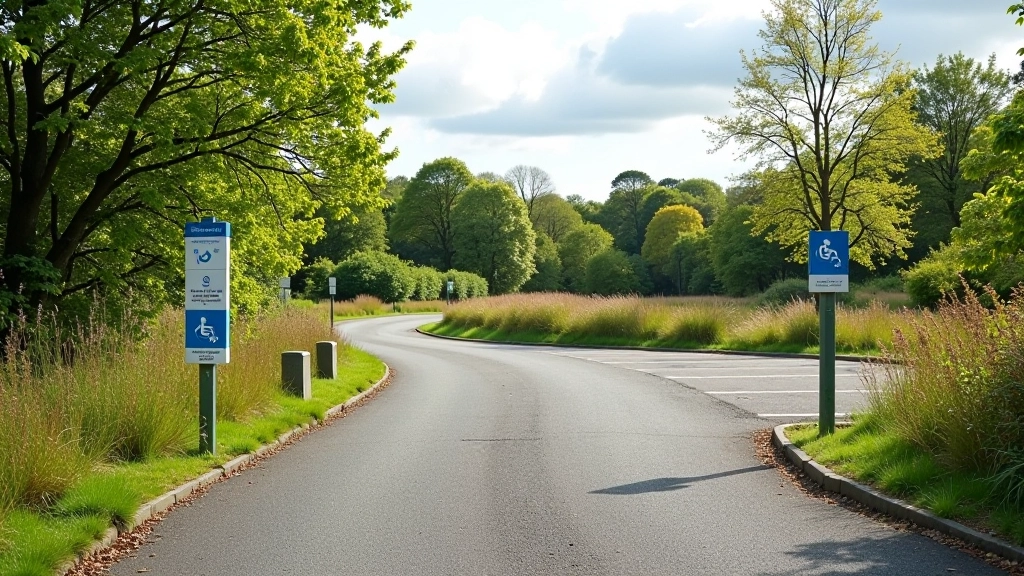 Visitor parking area with accessible spaces near nature reserve entrance, clear signage, peaceful setting