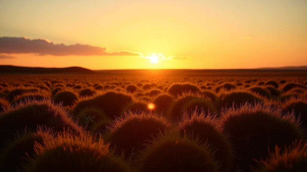 Peatland landscape under golden hour light, long shadows on bog, clear sky