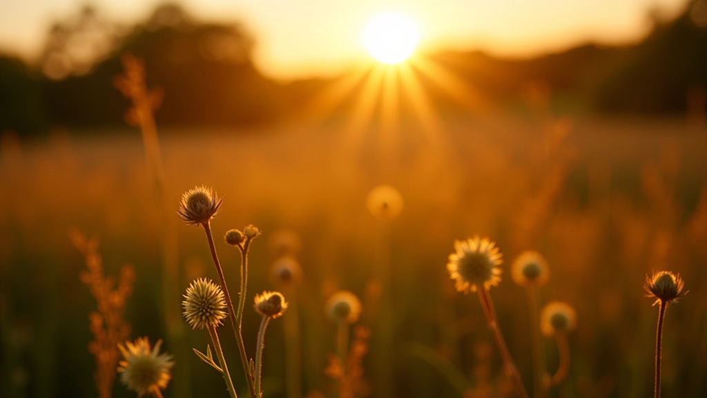 Peatland vegetation in golden afternoon light, wildflowers blooming, peaceful natural landscape