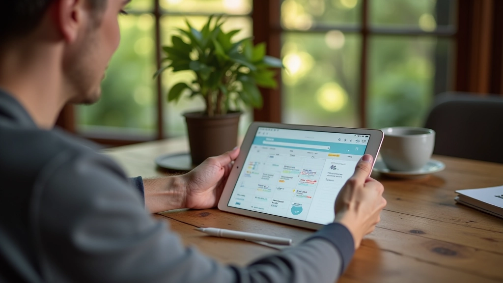 Person checking calendar and weather forecast on tablet, planning outdoor activity, natural lighting from window