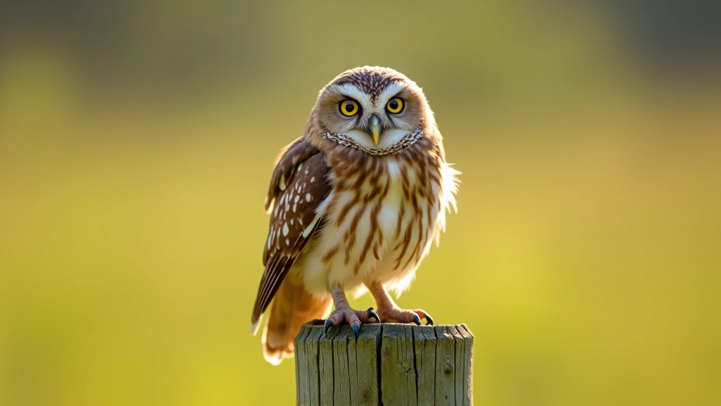 Short-eared owl perched on wooden fence post, yellow eyes looking directly at camera, tawny plumage visible in daylight