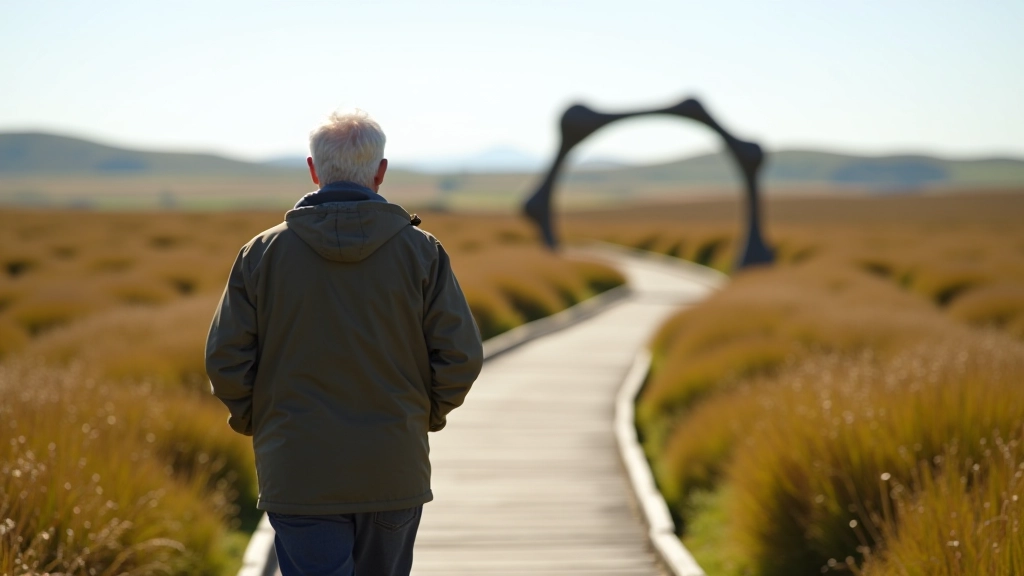 Person walking on wooden boardwalk toward art installation in distance, peatland landscape stretching to horizon