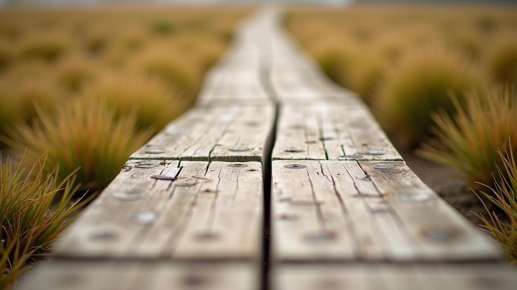 Close-up of weathered wooden boardwalk planks with peatland vegetation visible below, natural lighting