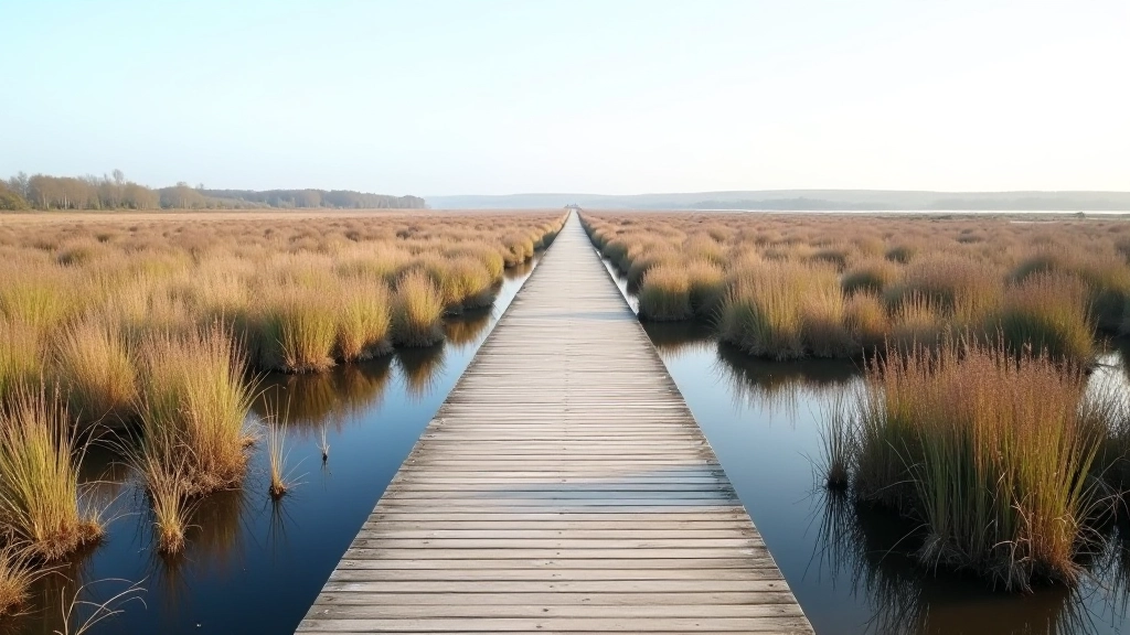 Scenic boardwalk through wetland habitat at Lough Boora parklands