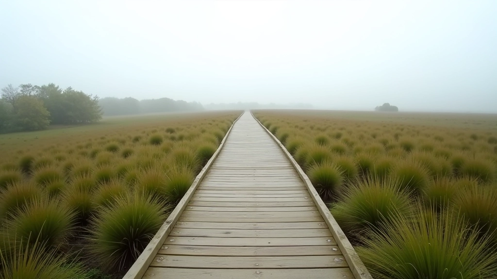 Wide peatland landscape with wooden boardwalk pathway stretching into distance, lush vegetation on both sides, overcast Irish sky