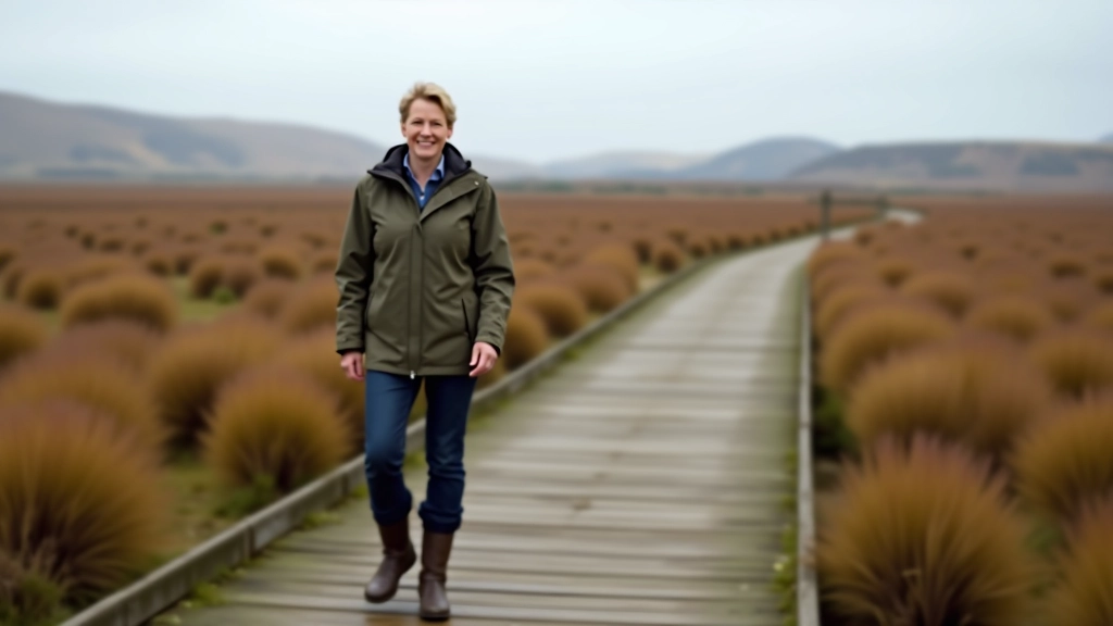 Person wearing waterproof jacket and hiking boots standing on peatland boardwalk, comfortable stance, nature background