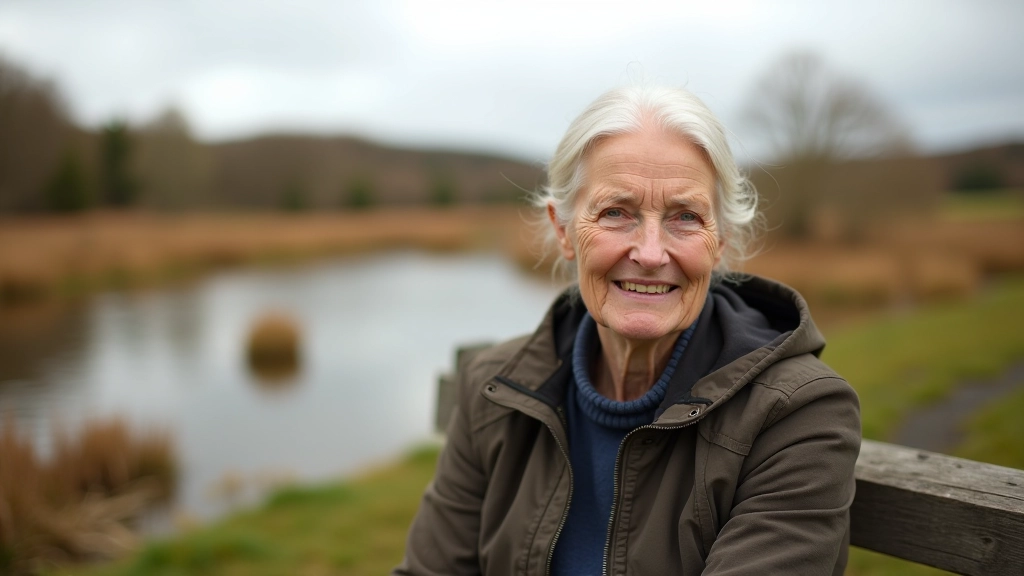 Senior woman sitting on wooden bench overlooking peatland, peaceful expression, scenic view