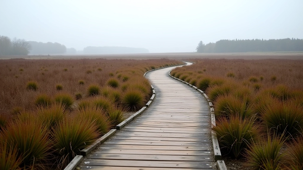 Wooden boardwalk pathway stretching through brown peatland with grasses on either side, overcast sky