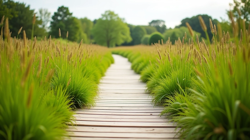 Wooden boardwalk pathway through peatland with native plants, accessible trail design, nature reserve setting