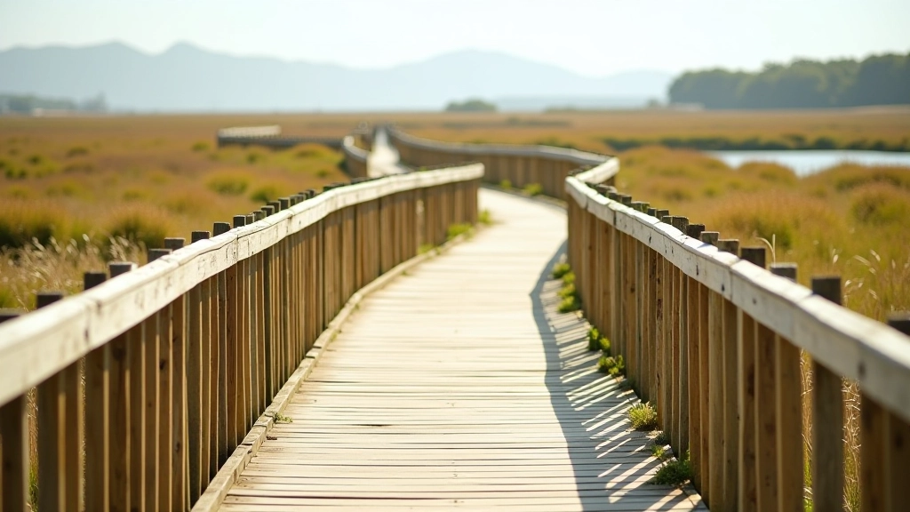 Wide wooden boardwalk with safety railings on both sides, wetland vegetation on either side, clear weather